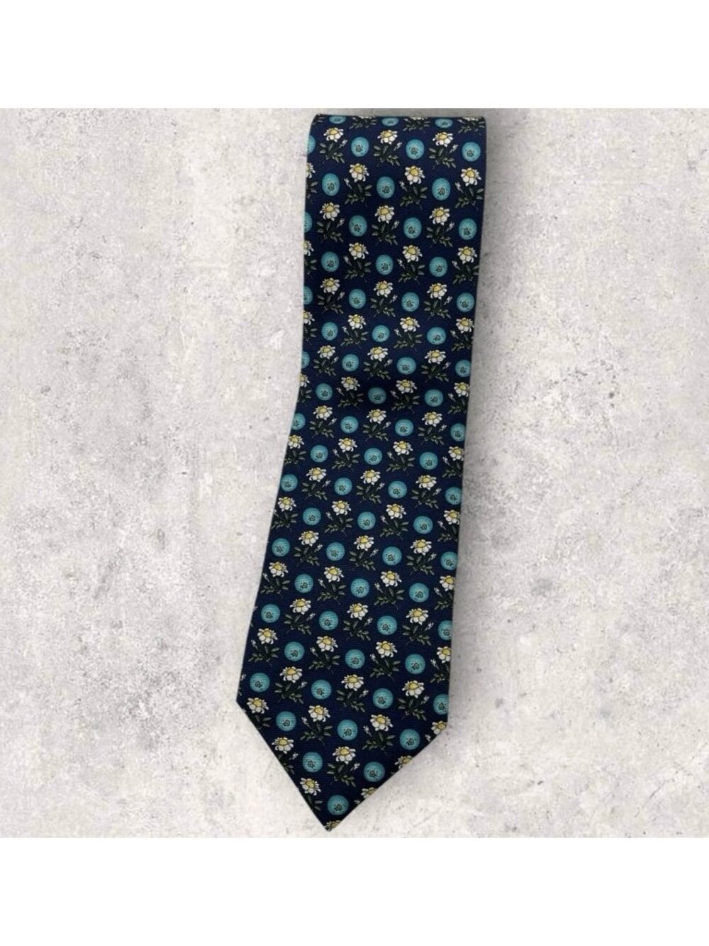 DORMEUIL Silk Tie ITALY Navy Blue Yellow Fruit Floral W:3.8" EUC